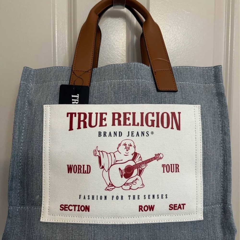 True Religion Denim Blue and Tan Tote with strap New
